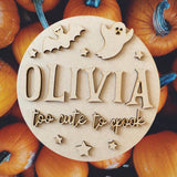Personalised kids "too cute to spook" halloween plaque